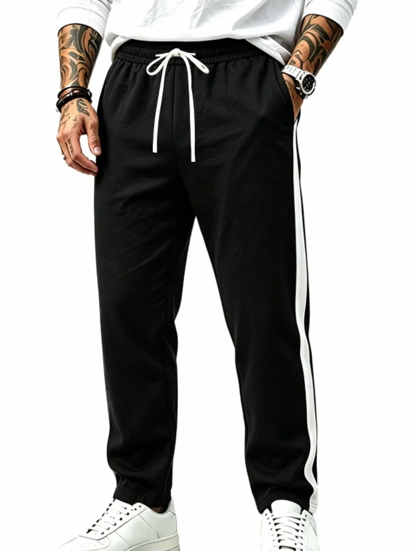 Men's side-striped color-block elasticated straight-leg sweatpants - stretch knitted casual sports trousers - loose and slimming, suitable for daily workouts and versatile in all occasions