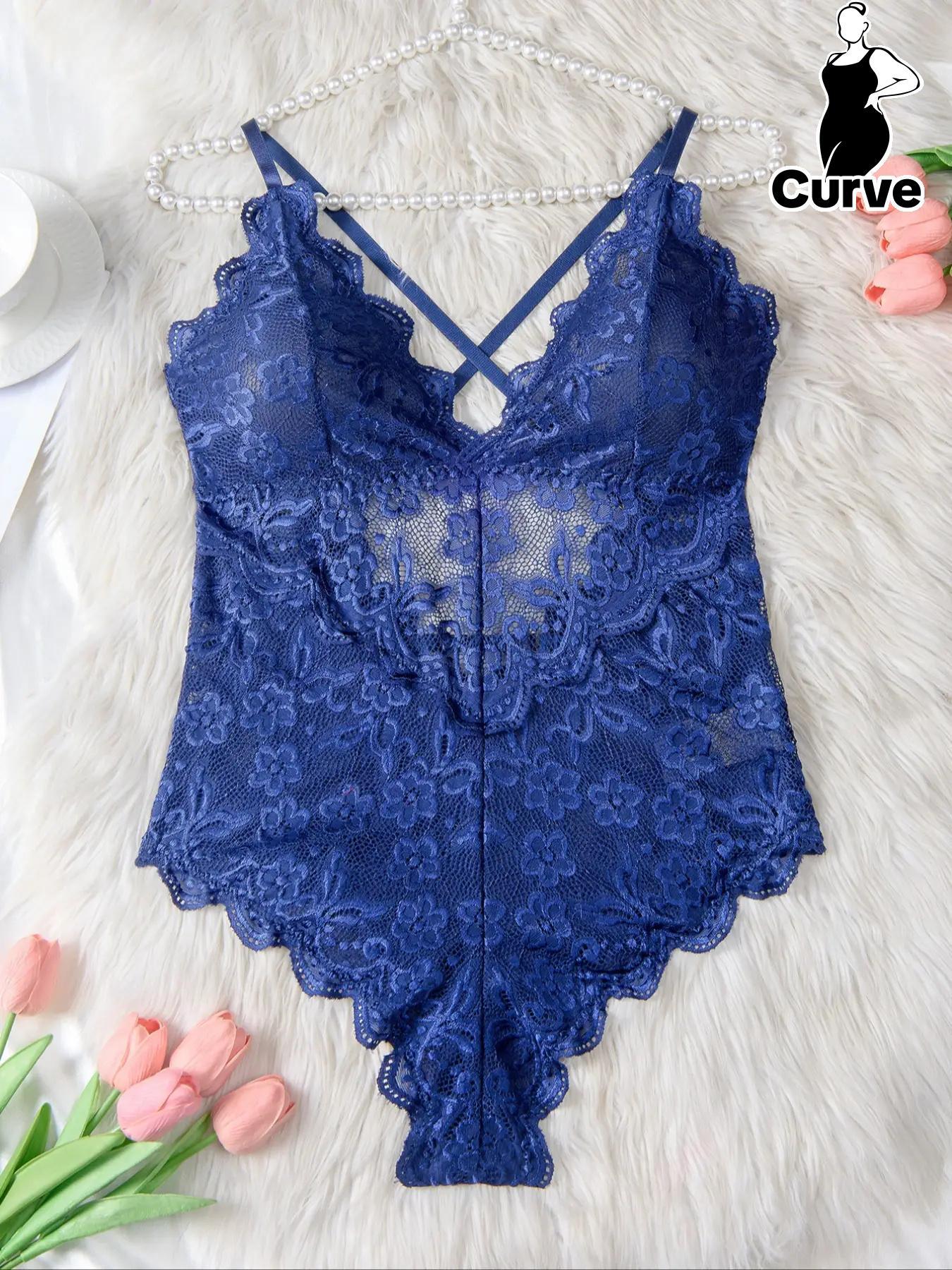 【Plus Size】 Criss Cross Cut Out Sheer Lace Cami Bodysuit, Open Crotch Design Sexy Bodysuit for Daily Wear, Women's Plus Size Sexy Lingerie for All Seasons