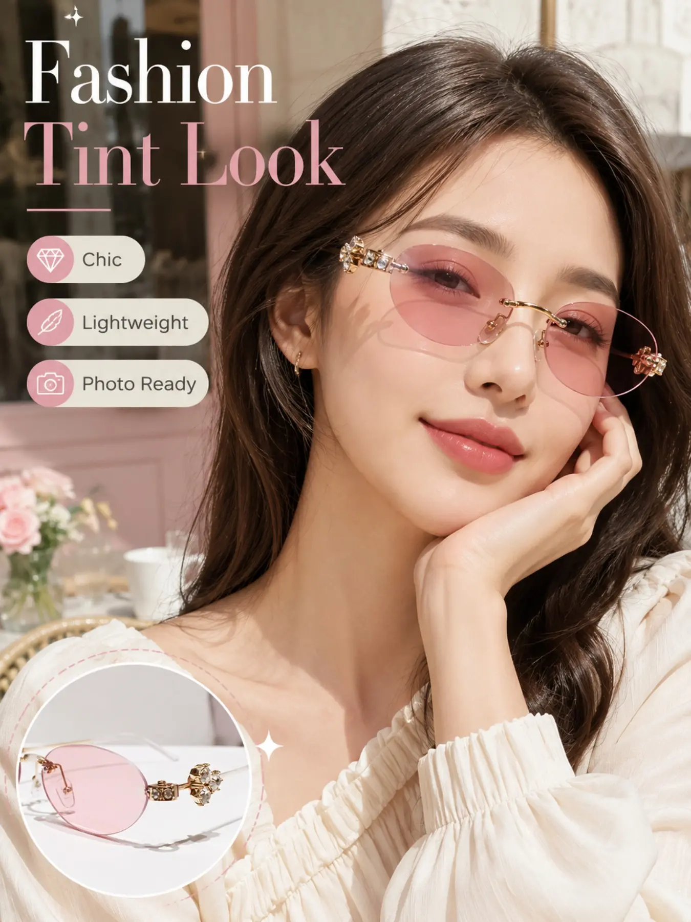 Elegant Rhinestone Oval Metal Eyeglass Frame, Pearl Unframed Glasses, High-End Natural Look Plain Spectacles, Stylish Accessory