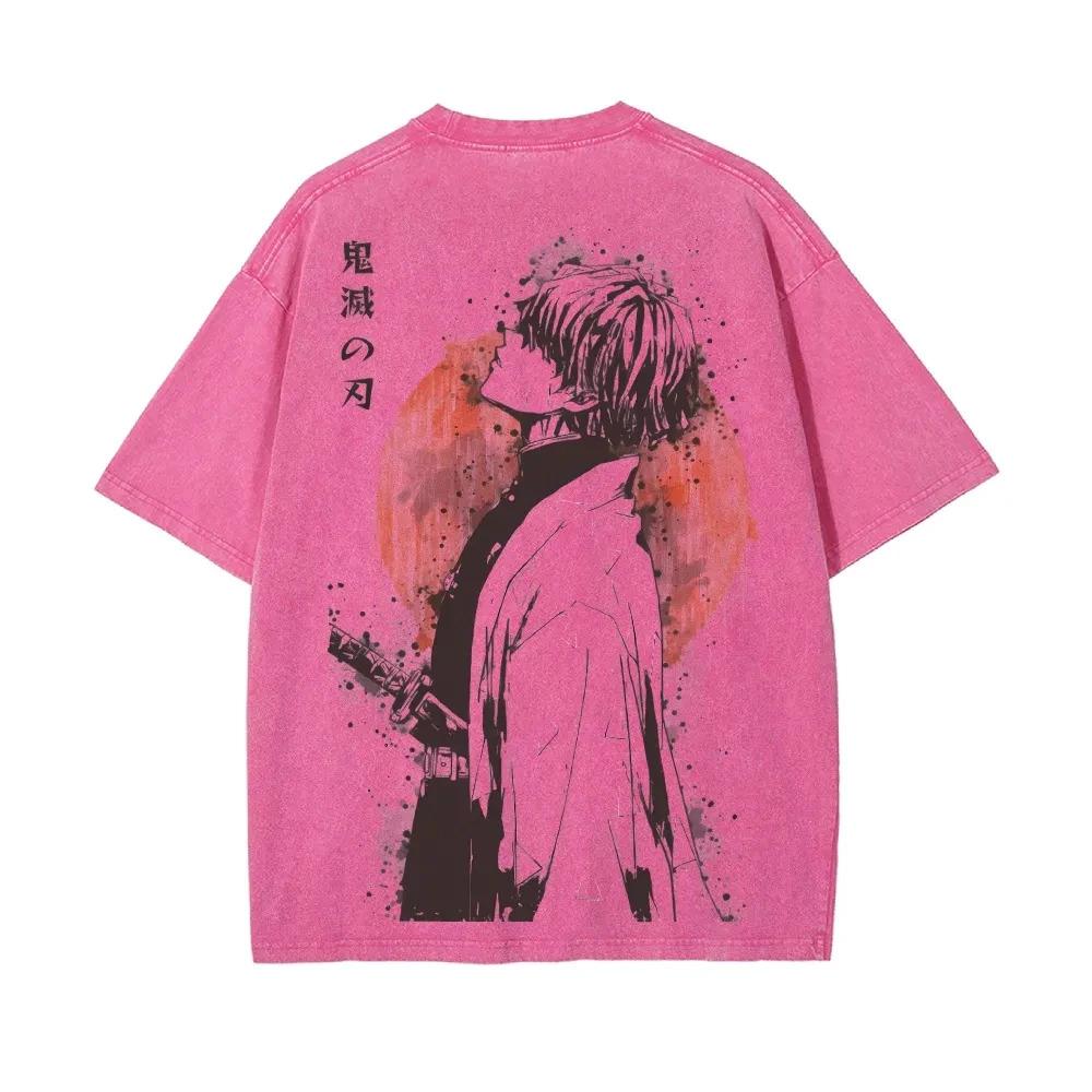 2026 Summer New Zenitsu Agatsuma Breath of Thunder Retro Washed Old T-shirt Demon Slayer 90s Street Style Short-sleeved Top