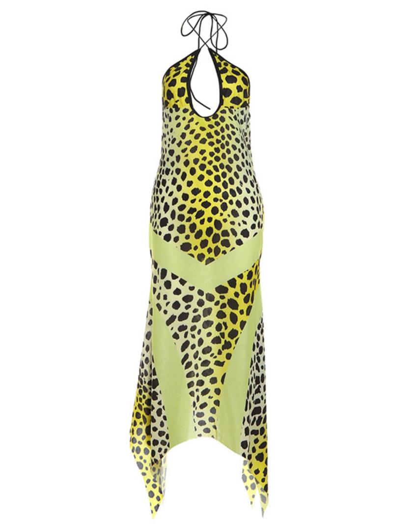 Women's Leopard Print Criss Cross Cut Out Halter Neck Dress, Casual Trendy Boho Asymmetrical Hem Sleeveless A Line Long Dress for Summer, Bohemian Casual Dress, Fashion Women's Dress for Beach Holiday, Womenswear, Chic Elegant Style