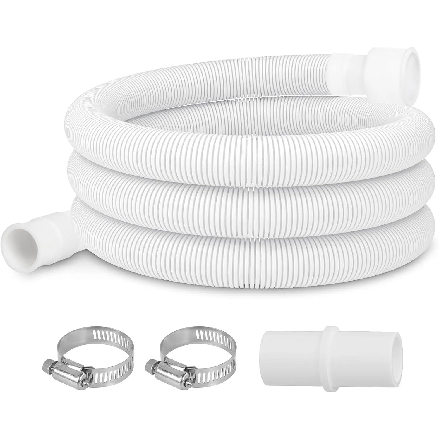 6 FT  Washing Machine Drain Hose Extension Kit, Flexible Washer Drain Hose,  Fit  Drain Hose, Corrugated Washer Hose with 1 Adapter & 2 Clamps, White