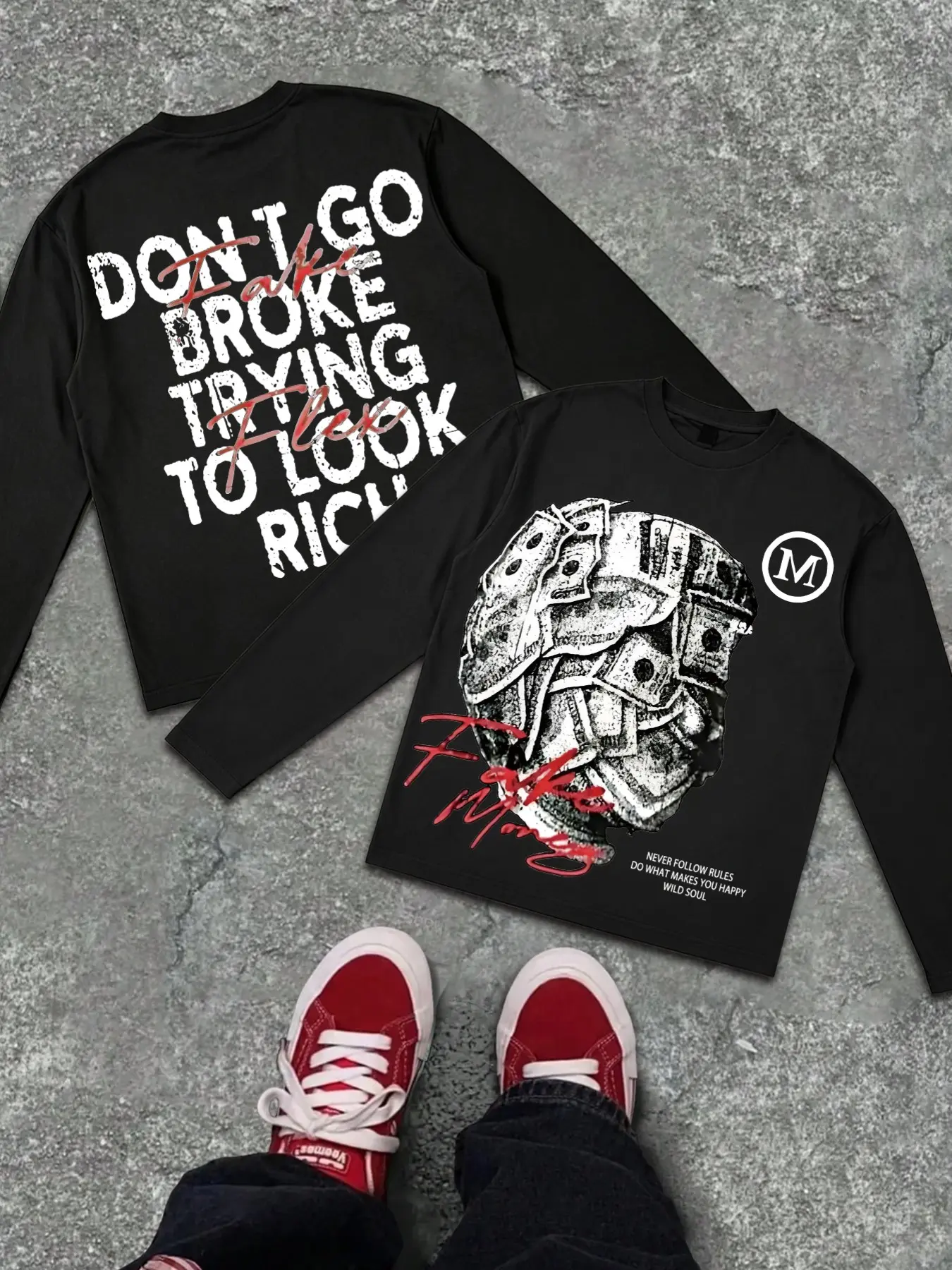 Aesthetic Streetwear Long Sleeve Graphic Tee Men "Don't Go Broke" Quote Vintage Oversized Sweatshirt Y2K Grunge Money Skull Hip Hop Skater Shirt for Fall Outfits Drip