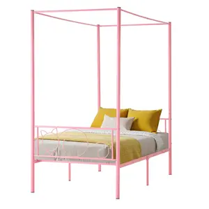 VEVOR Twin Size Canopy Bed Frame, Metal Canopy Bed with Minimalist Headboard Four Posters Design, Heavy Duty Steel Slats Support, Underbed Storage Space, No Box Spring Needed, Easy Assembly, Pink