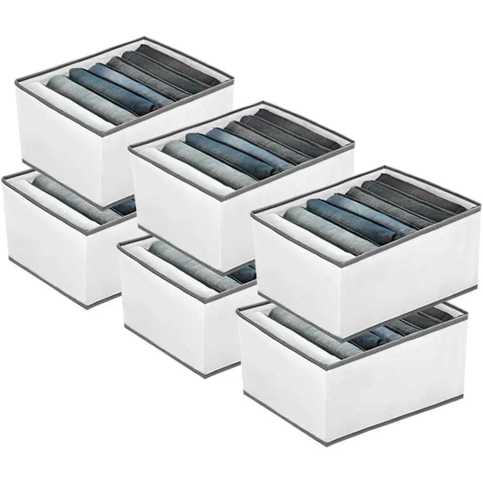 6 Pack Wardrobe Closet Organizer and Storage for Clothes - 7 Grids Foldable Drawer Dividers Organizers for Jeans | Pants | Shirts | Leggings, Stackable Clothing Bins for Closets Organization