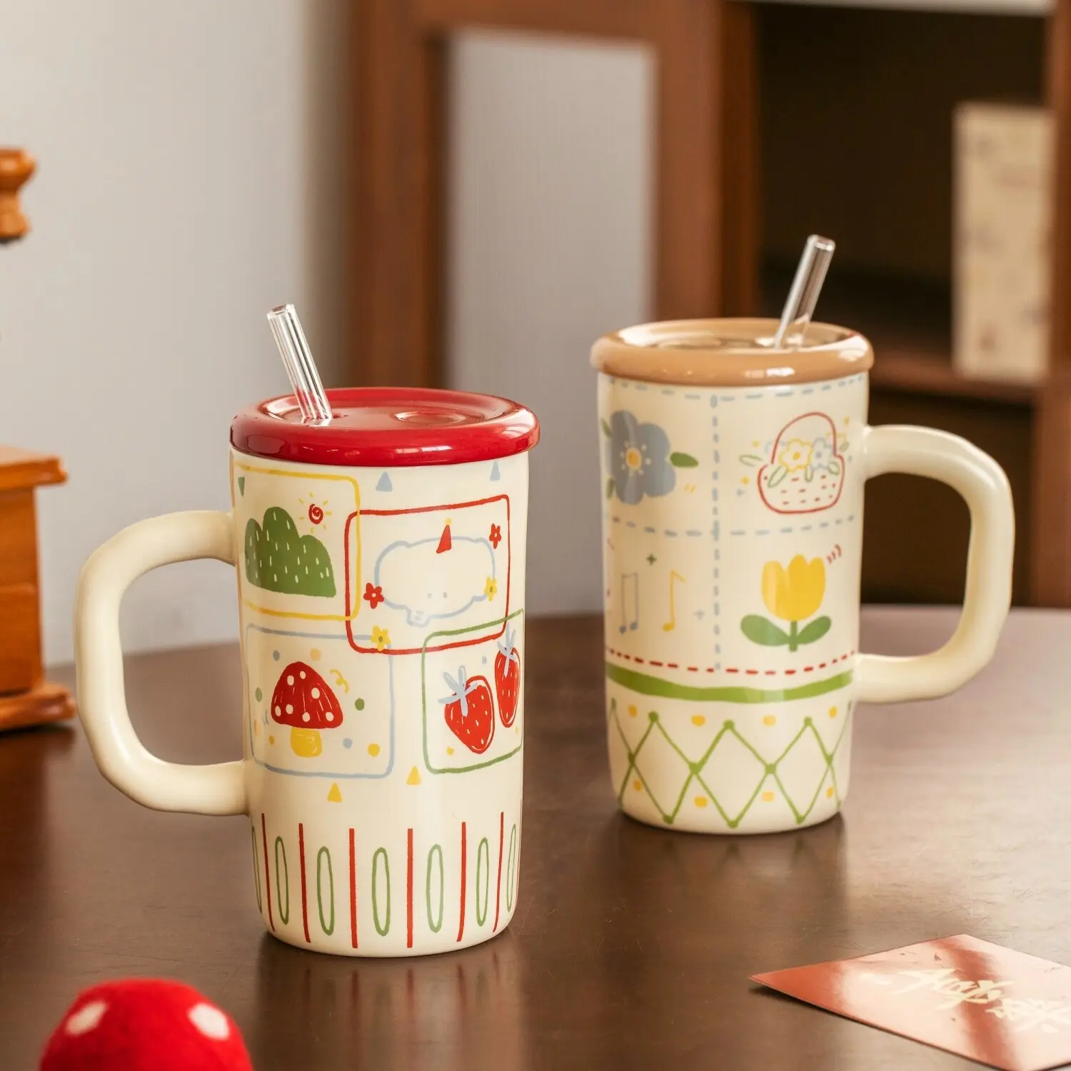 Retro Floral Ceramic Tumbler, Large Size Coffee Cup Mug with Leakproof Ceramic Cover and Glass Straw, BPA Free Drinkware for Morning Tea, Cold Brew and Hot Drinks, Gift for Best Friends and Sisters, Counter Accent for Kitchen Vanity and Workspace