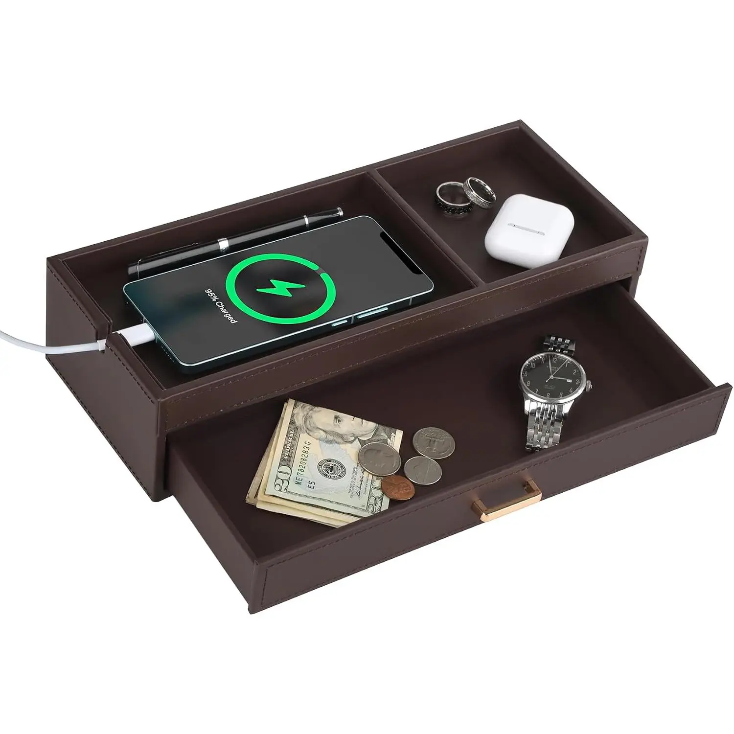Valet  Tray Organizer with Drawer, Faux Leather Storage Catchall Box Phone  Station Tray with Dresser Nightstand Desktop Drawer Organizer (Dark Brown)
