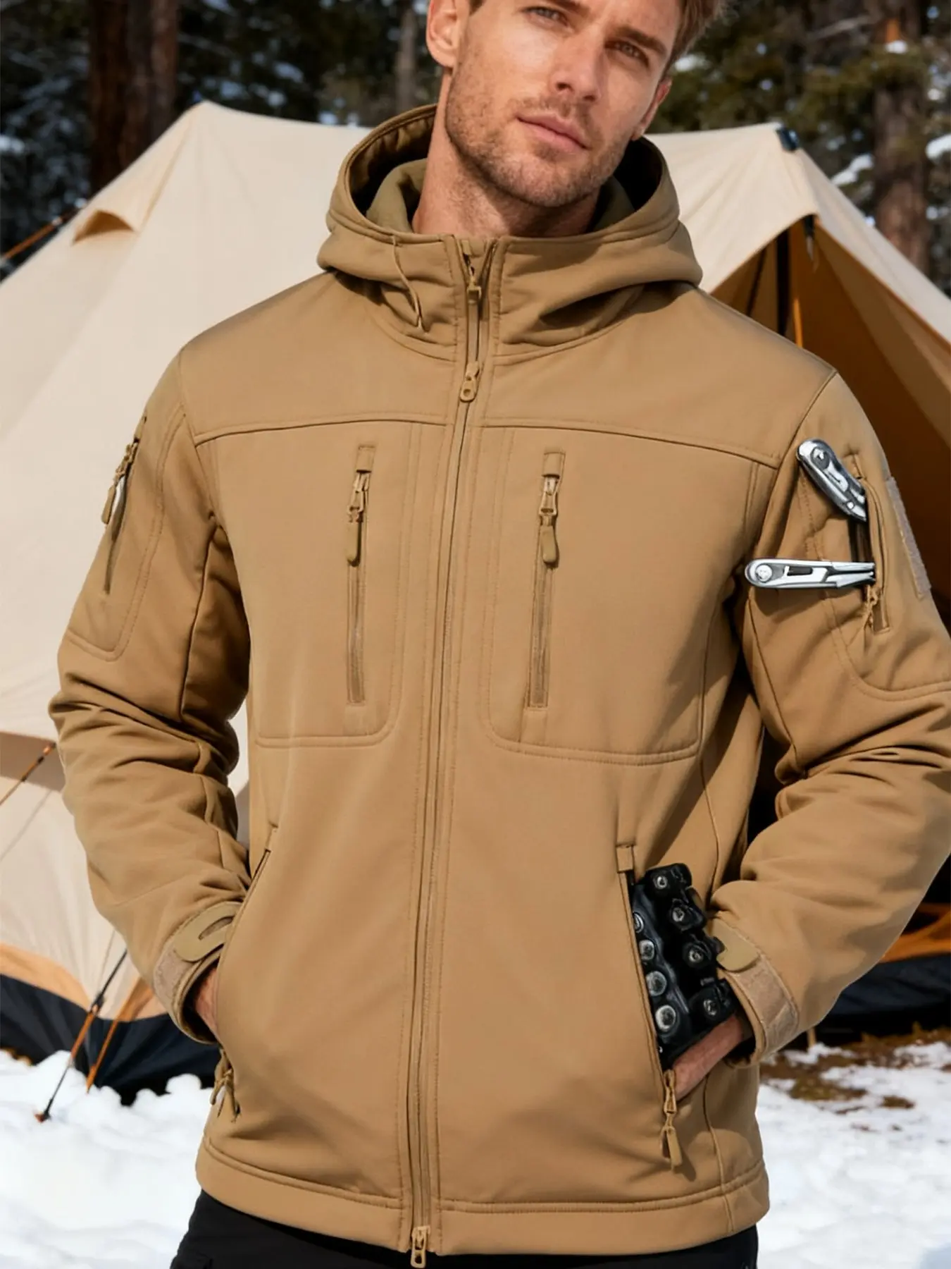 Men's Winter Shark-Skin Windproof Hooded Fleece Jacket with Multiple Pockets for Outdoor Sports—Multifunctional Tactical Winter Thickened Warm Jacket, Ideal for Cycling, Fishing, Mountaineering, and Hiking