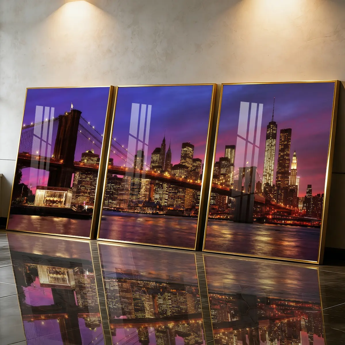3 Count Aluminum Alloy Frame Canvas， New York City Skyline Night View Fashion Poster， Modern Living Room Decoration， Light Luxury Family Art， Suitable For Bedroom， Corridor And Office Wall Decor， Gift