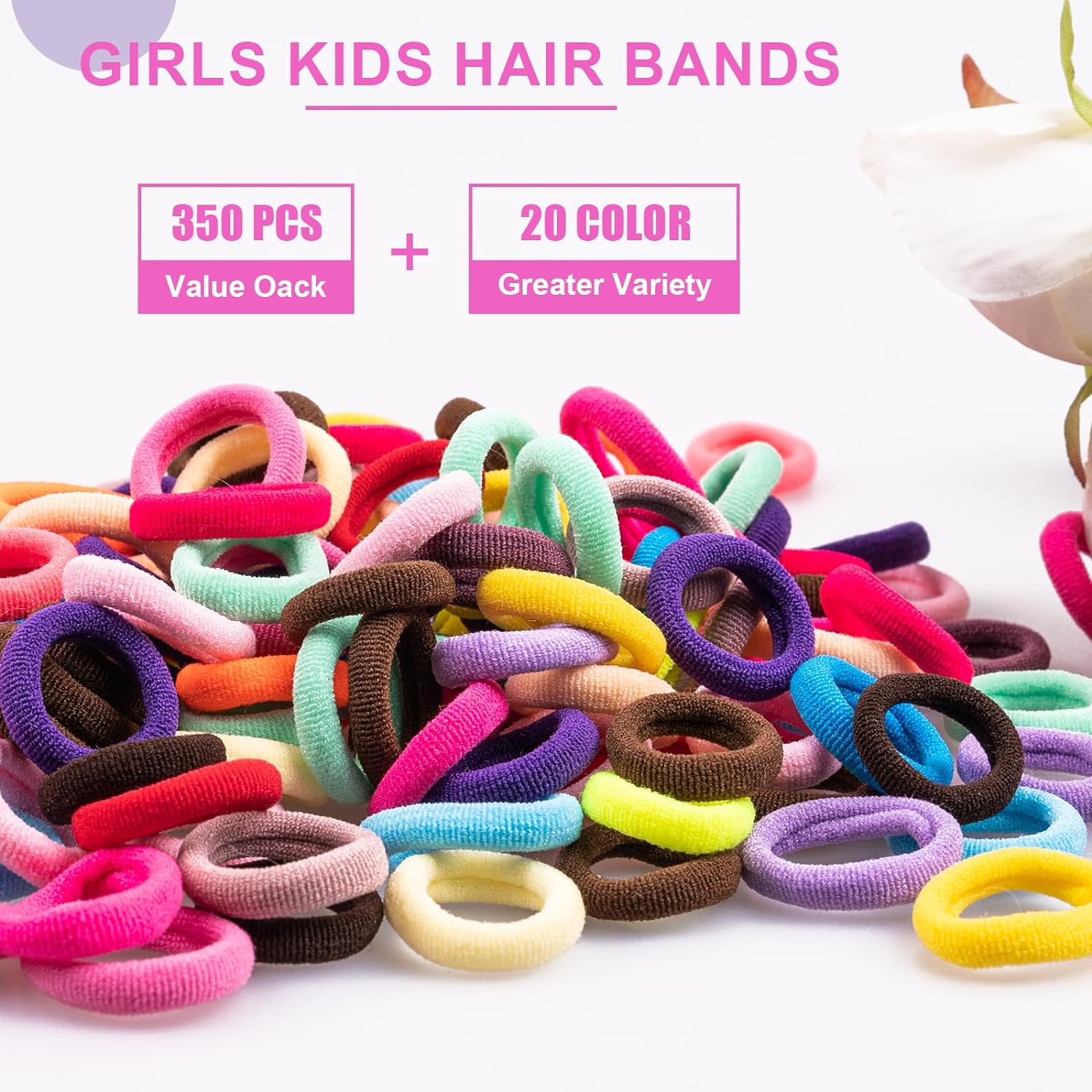 350 count Multicolor Cotton Hair Ties - Small  Hair Elastics for  and Girls, No Crease Finger Ponytail Holders (20 Colors)