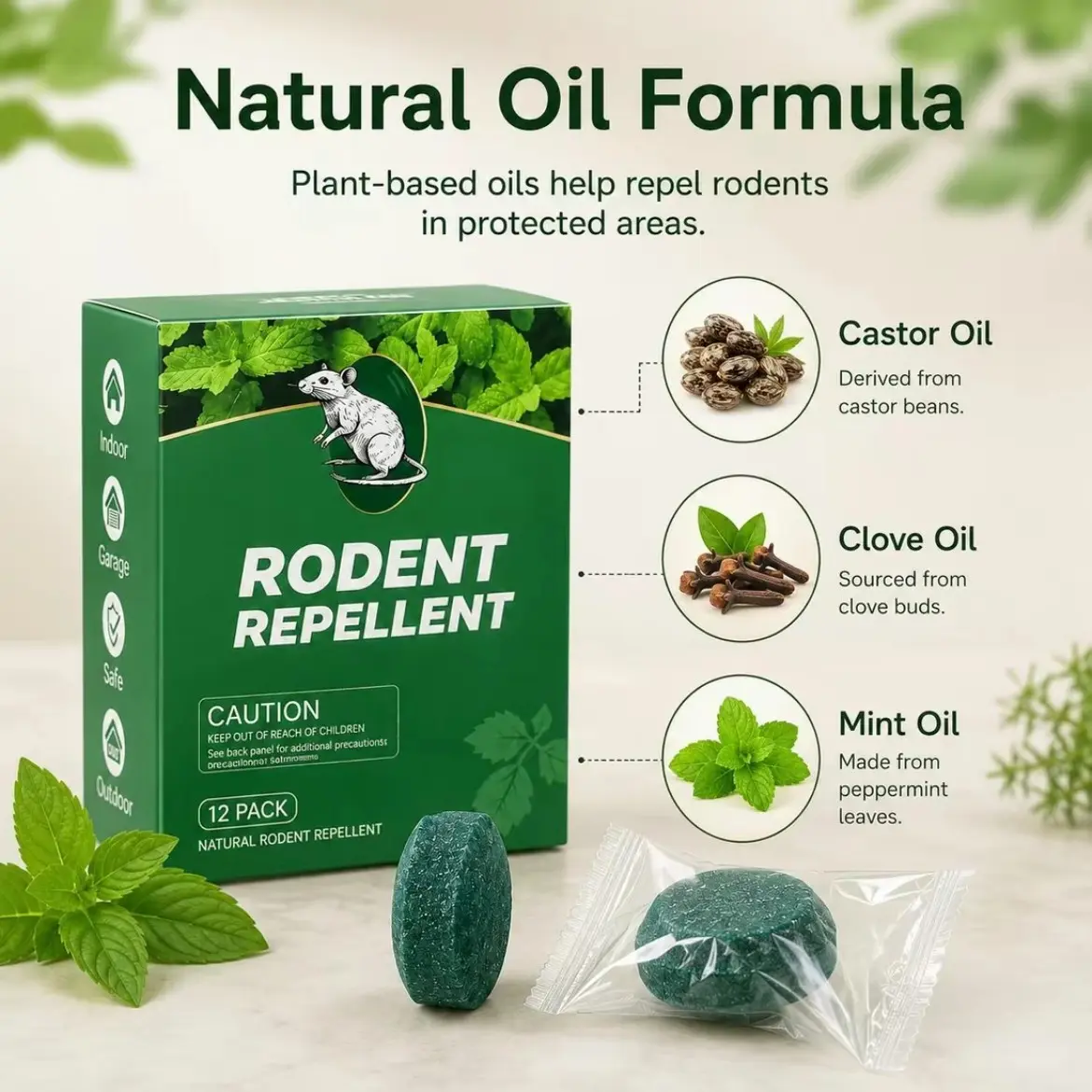 Natural Peppermint Rodent Repellent Tablets, 12 Count, Green Box Standard / Purple Box Upgraded Version Optional, Plant-Based Mouse Deterrent, for Car, Garage, RV, Storage Room, Indoor & Outdoor Use