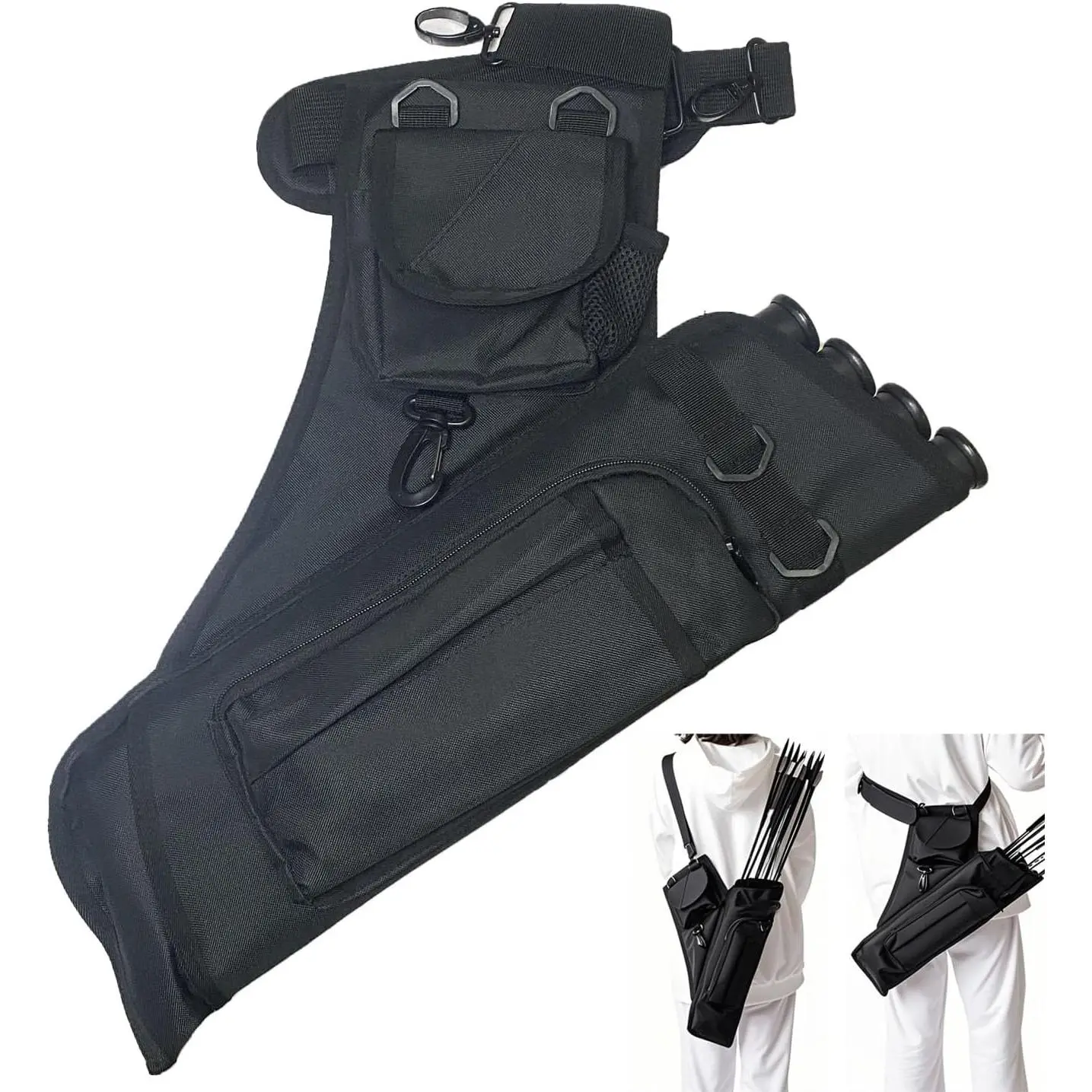 Hip Arrow Quiver with 4 Arrow Tubes, Portable Arrow Holder with Accessory Storage Pockets & Waist Belt for Archery Hunting Shooting