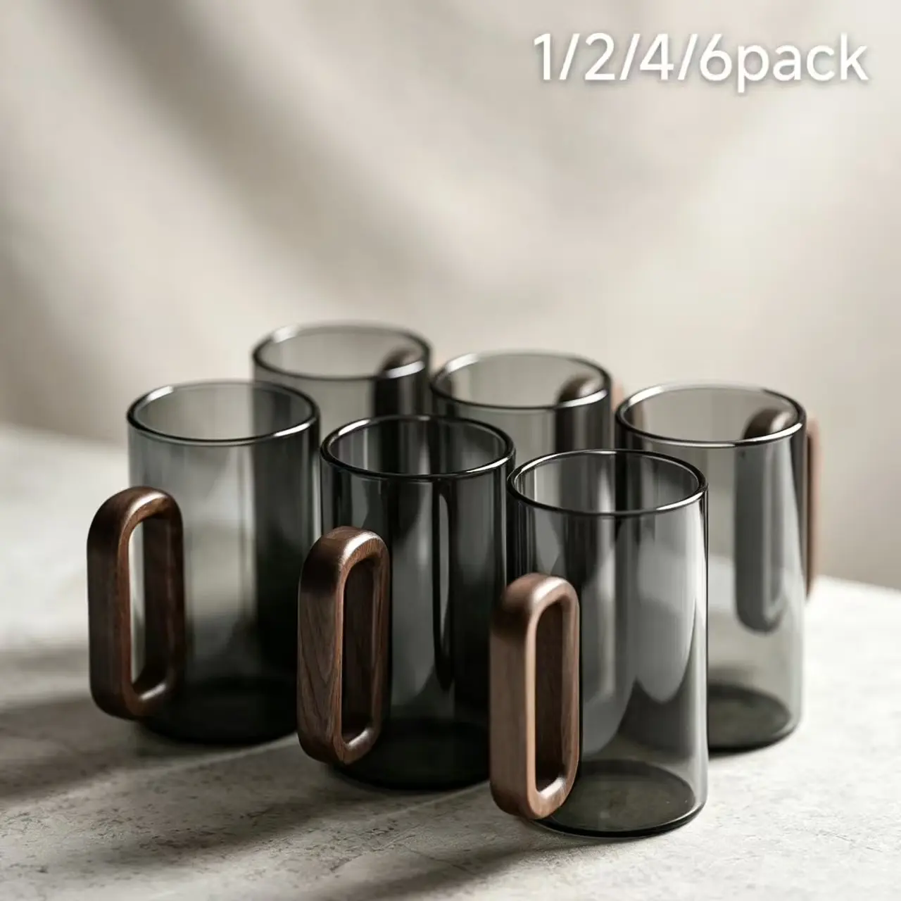 Smoke Gray Borosilicate Glass Mug with Wooden Handle, Heat Resistant Drinking Cup, Food Grade Lead-Free Dishwasher Safe Drinkware, Modern Aesthetic Tumbler for Coffee, Hot Milk & Fruit Juice,Great Conversation Starter for Home,Office & Guest Entertainment