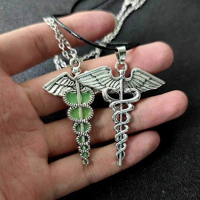 luminous Antique Silver Color caduceus medicine symbol Pendant Leather Chain Necklace Black Leather Cord Necklace