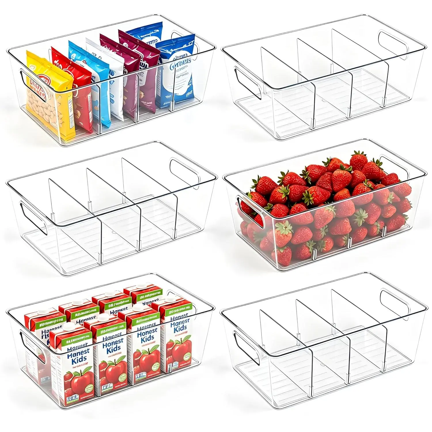 6 Pack Pantry Organizers and Storage,  Storage Containers with 3 Removable Divider for Kitchen, Fridge, Cabinet Organization, Clear Plastic Storage Bins for Snacks,  Packets, Packets, Pouches