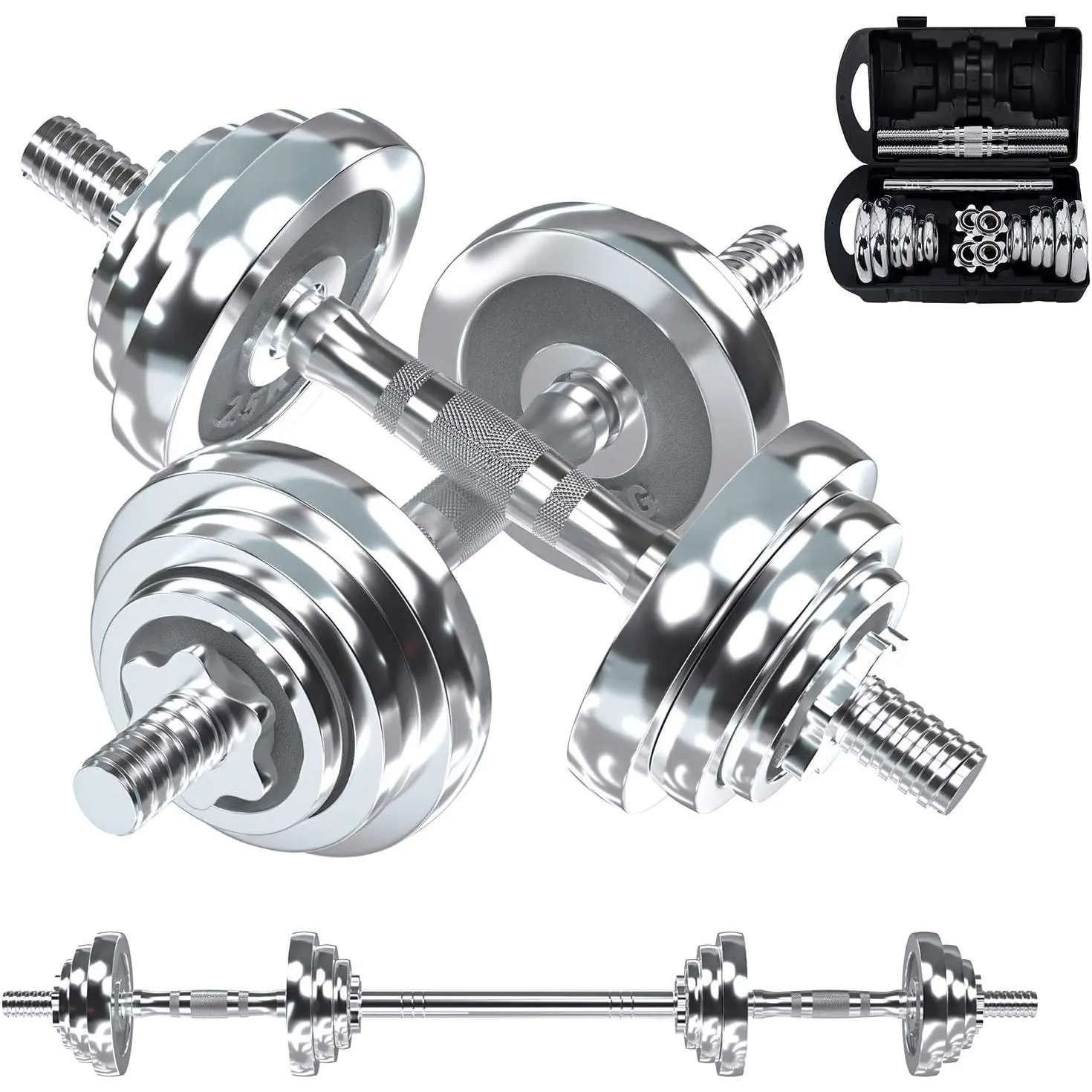 Fitness Dumbbells Set, Chromed Weights, Hardcover  Box | Adjustable Weight Sets up to 44/66/100 lbs, Free Weight Set, Metal Connecting Rod  as Barbell for Men & Women