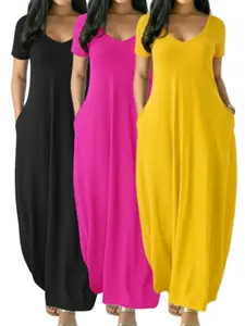 2026 Women's Basic Long Nightgown, Coffee Color, Casual Round Neck, Short Sleeve, Pocket Sleepwear, Soft & Comfortable, All-Season Loungewear