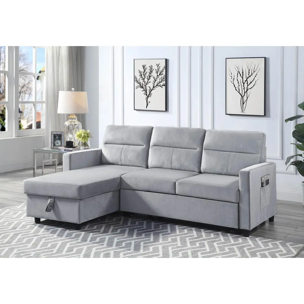 Nokaa Reversible Sleeper Sectional Sofa with Storage Chaise and Side Pocket, 3-Seat Light Gray Velvet Upholstered Couch, Pull Out Bed 73x53x16.5in, Foam Filled Seats with Pocket Coil Springs, Living Room Furniture, 81.5in Wide, Light Gray Color Op...
