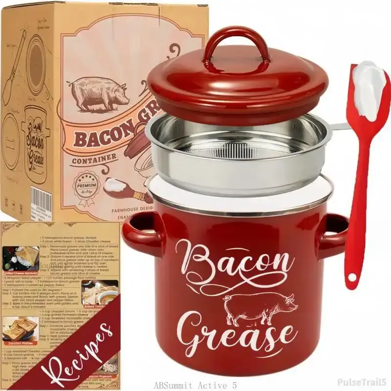 46 OZ Bacon Grease Container with Strainer - 1.3L Large Capacity, With Silicone  Spatula, Enamel Bacon Grease Keeper for Bacon Drippings, Farmhouse Red Kitchen Decor, Dishwasher SafePulseTrail5ABSummit ActiveXX16BowlBouquet