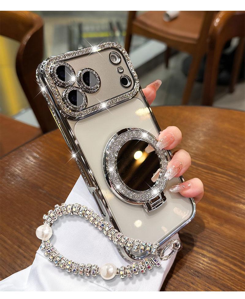 Women's Phone Case with Mirror & Stand for iPhone 12/13/14/15/16/17 Pro Max,17Air,14/15/16 Plus. Features a shiny frame, high-definition transparent material, and full-body drop-resistant design.