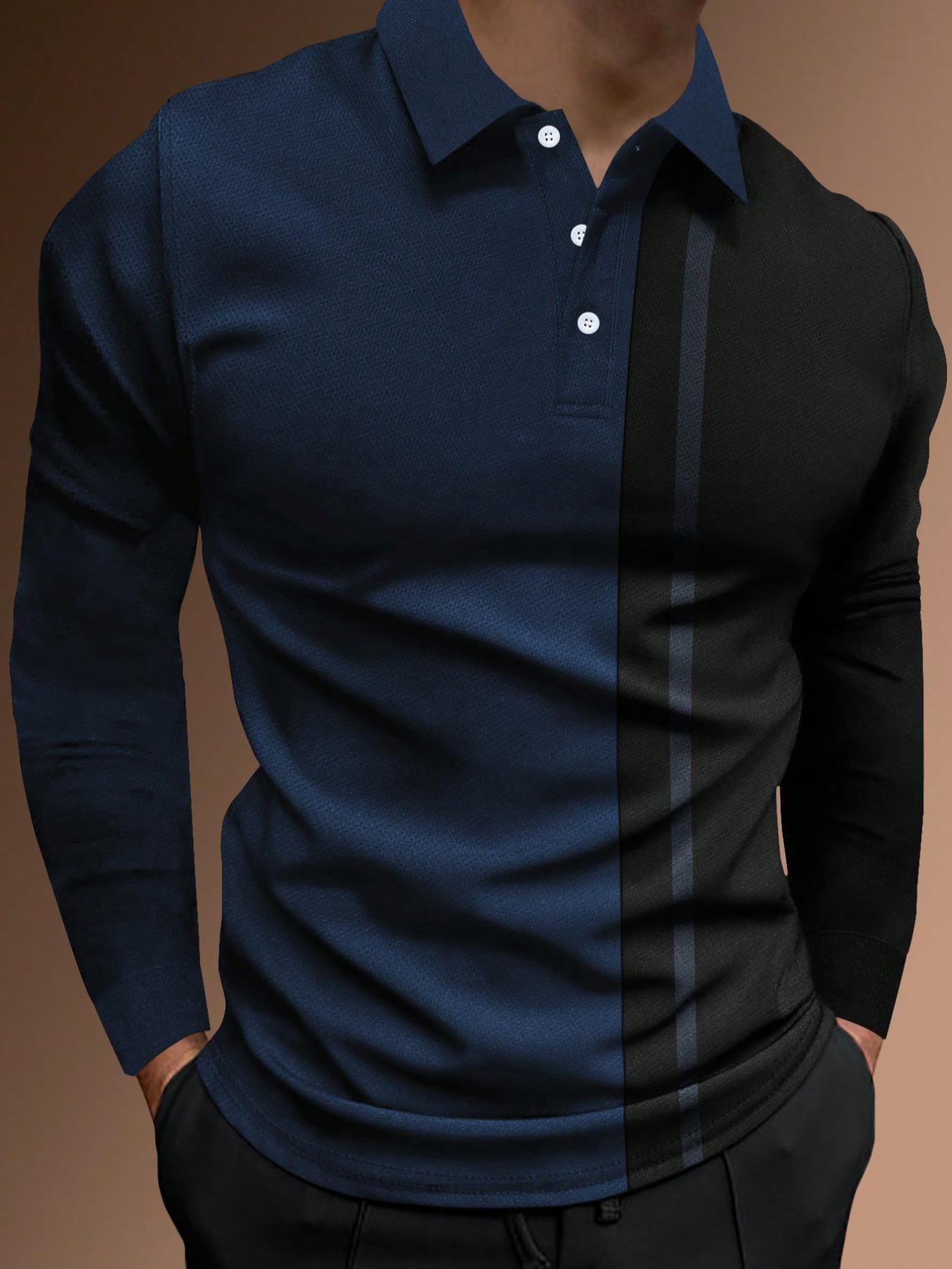 Men's Patchwork Print Half Button Fitted Polo Shirt, Regular Fit Casual Longsleeves Collared Top, Polo Shirts Men, Fall Outfits, Fall Going Out Tops, Men's Clothing, Polo Tees, Fashion Men's Clothes for Daily Wear, Menswear, Golf Colorblock Polo Shirt