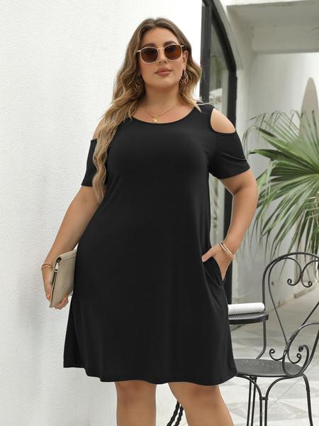 Women's Round Neck Off-Shoulder Elastic Casual Long Dress, Plus Size, Comfortable Fabric, Perfect for Travel & Various Occasions