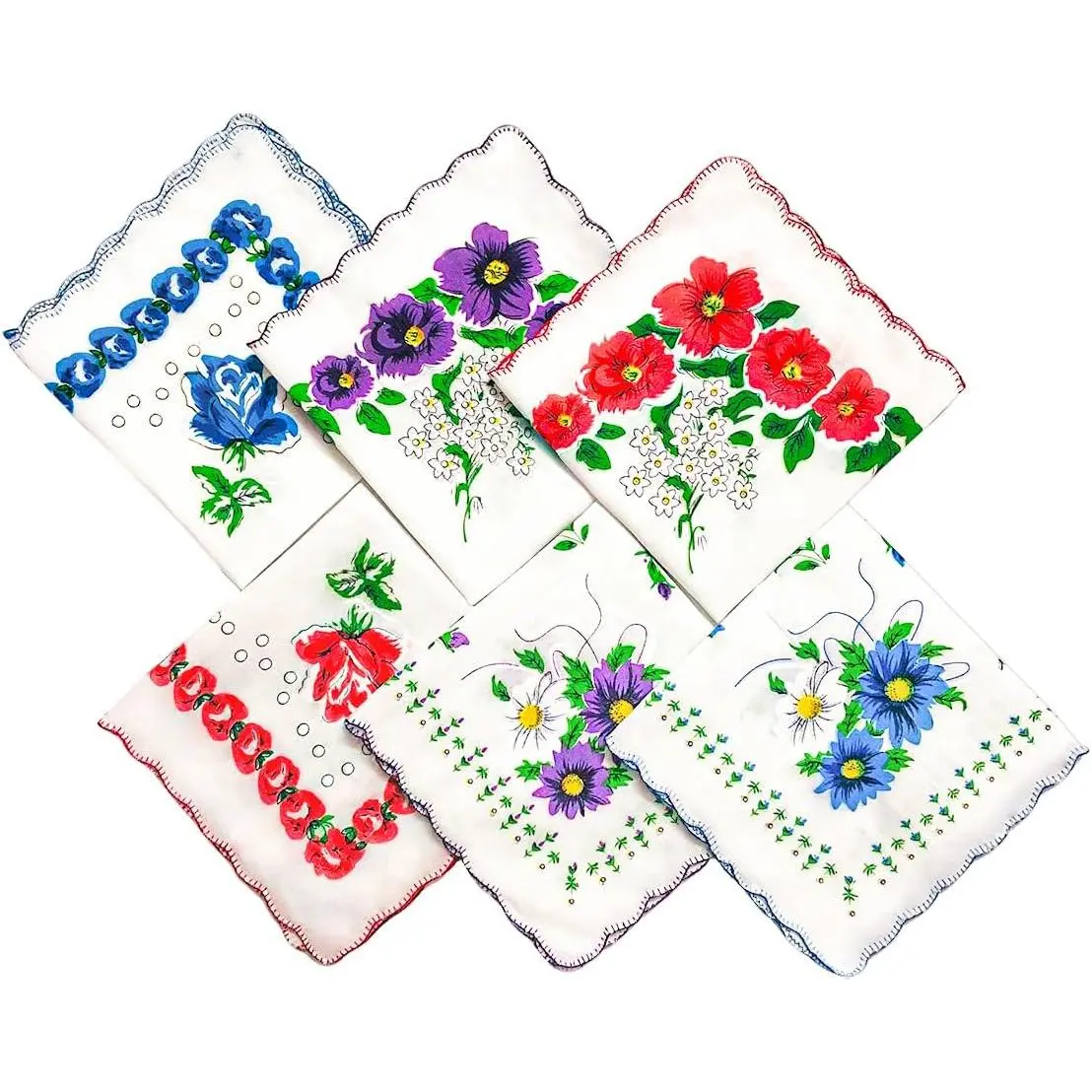 6 Pcs Women's Flower Handkerchiefs, Vintage Elegance Pocket Hanky, Reusable Ladies Soft Cotton Handkerchiefs, 3 Colors, 3 Design