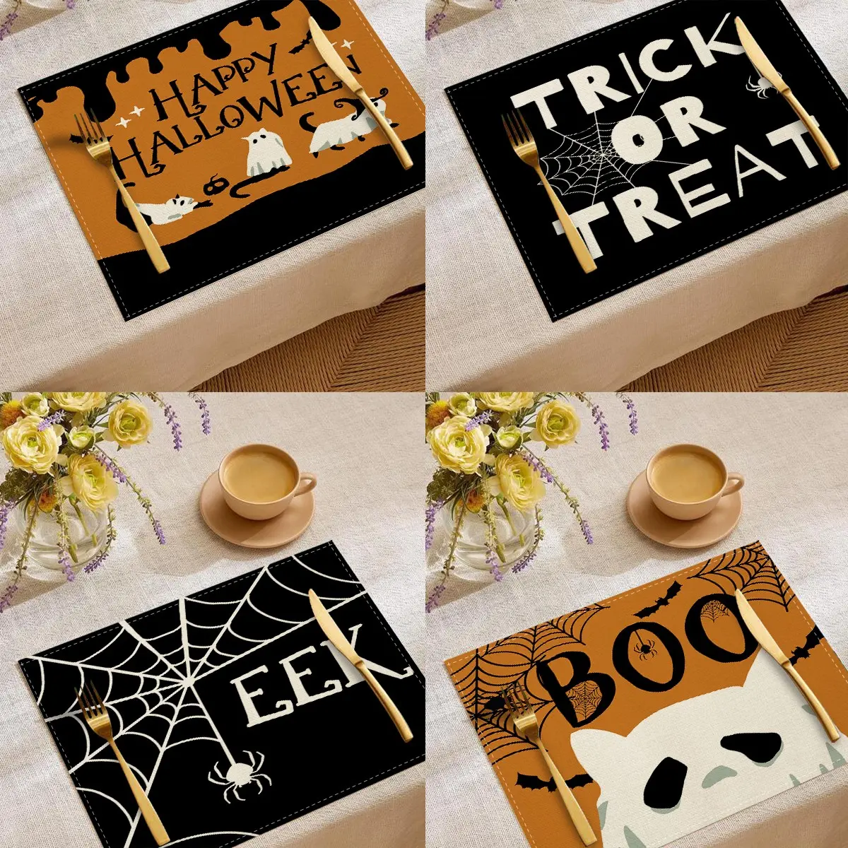 Halloween Decorative Placemats, Spider Web Ghost Cat Print, Washable Stain Resistant, 1pc/4pcs/6pcs, Home Kitchen Dining Room