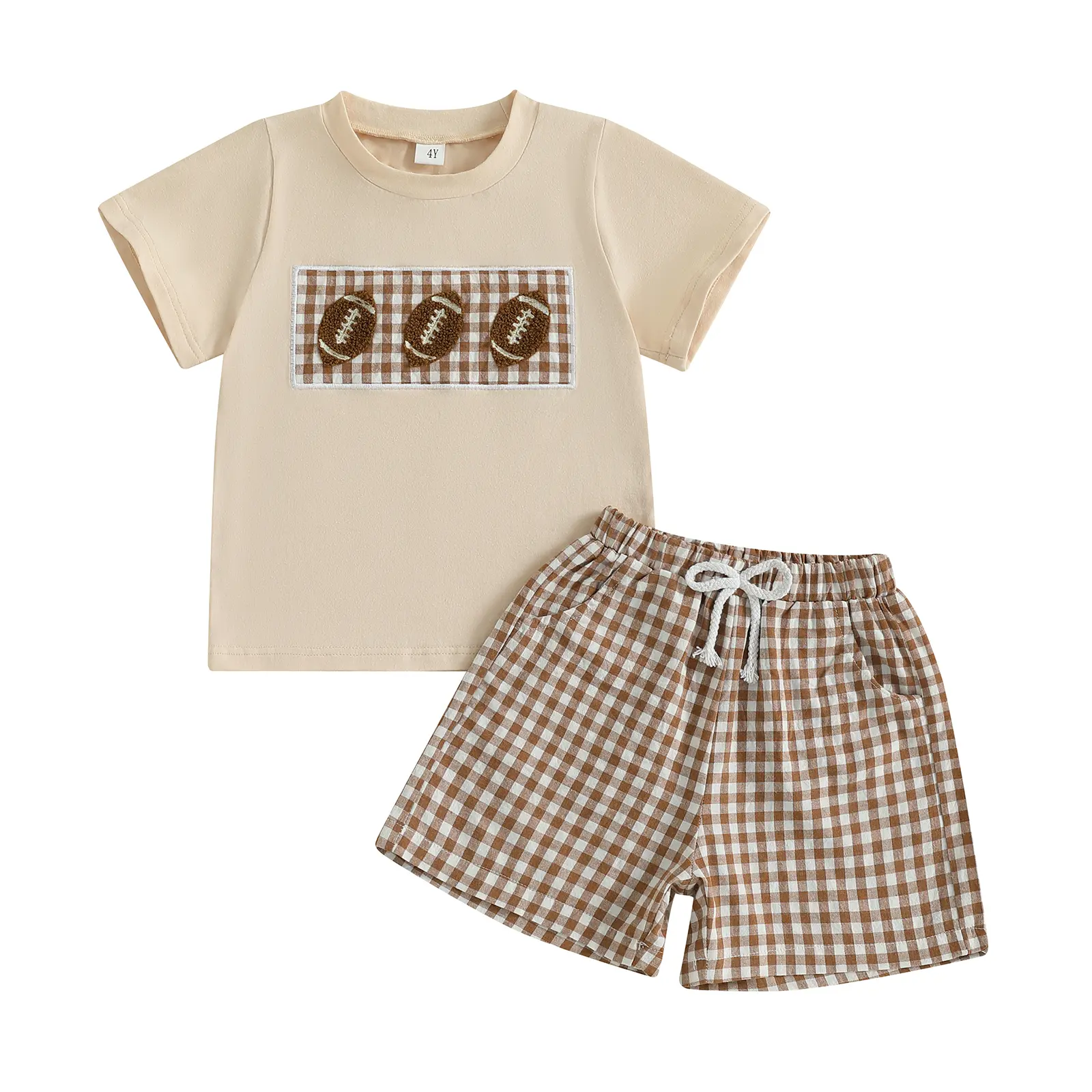 Ma&Baby Toddler Baby Boy Football Outfit Football Embroidered Short Sleeve T-Shirt and Plaid Shorts Set Summer Clothes