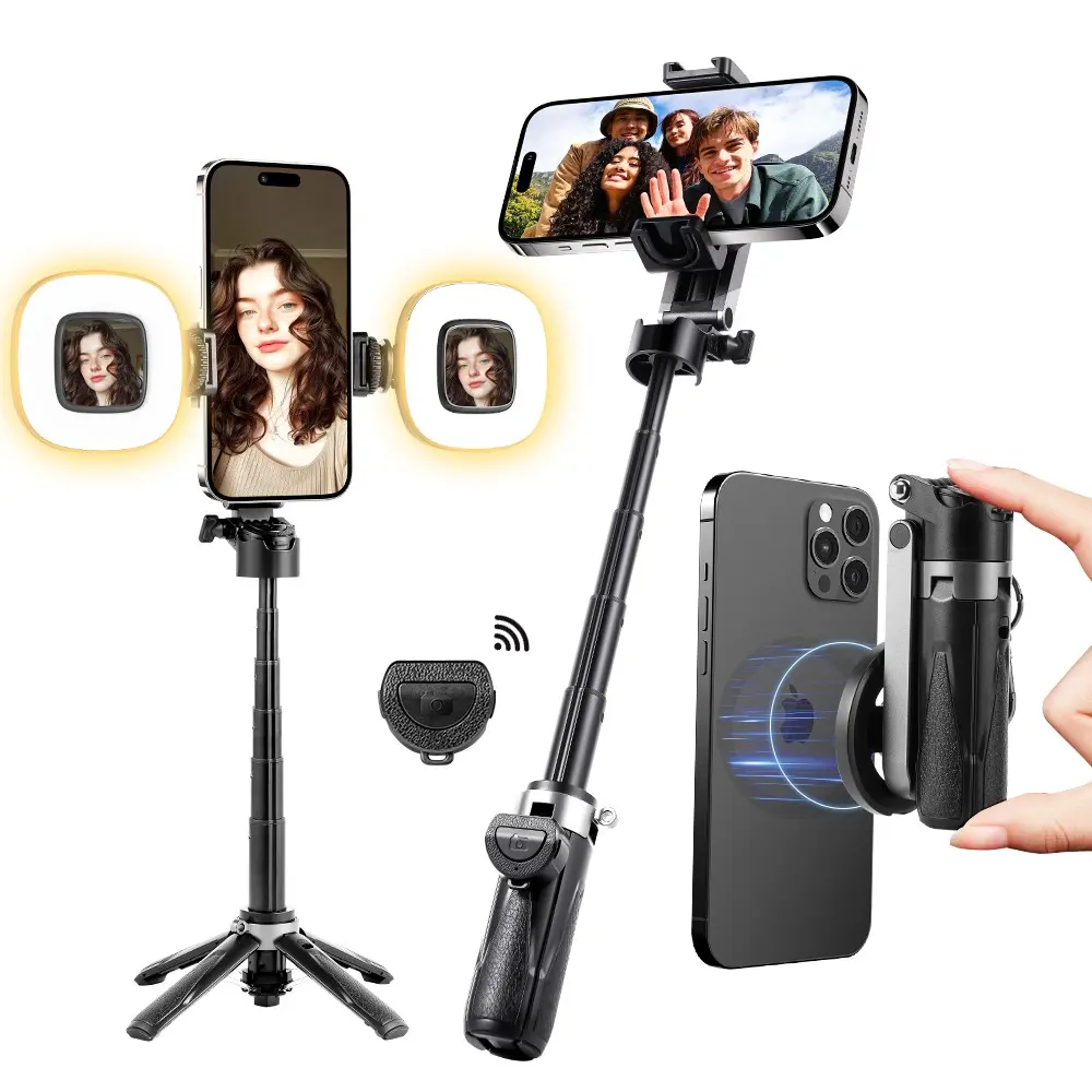 2026 New 4-in-1 Magnetic Mini Selfie Stick | 360° Rotation, Wireless Bluetooth Control, Magnetic Phone Bracket & Stabilizer, Extends to 16 Inches, 2 Removable Fill Lights Included. Ideal for Selfies, Videos & Vlogs, Fits Most Smartphones.