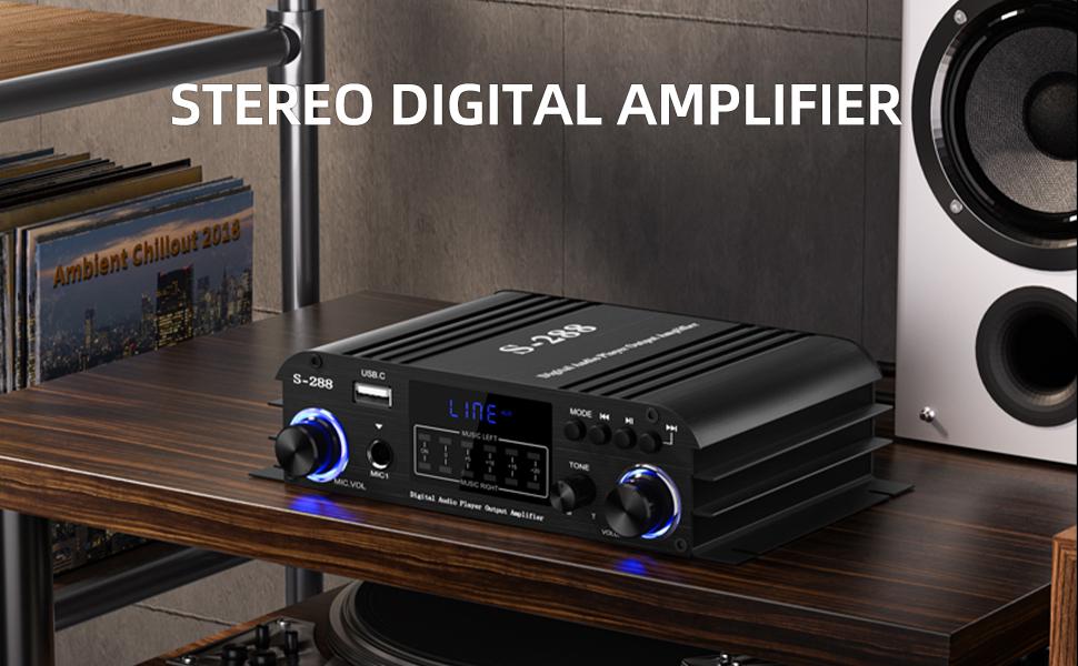 S-288 4 CH Bluetooth 5.0 Home Audio Amplifier, RMS 45Wx4, Max 600W HiFi Stereo Power Amplifier USB, SD, FM Class D Speaker Amp for Home Theater Karaoke, with Power Adapter & Rete Control