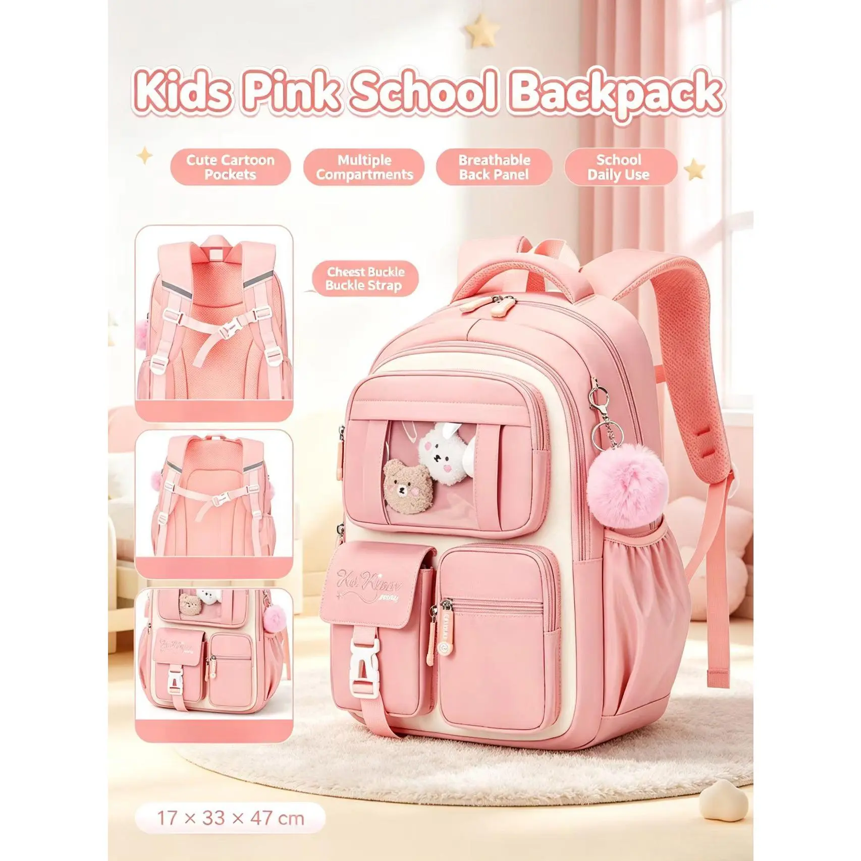 Backpack for s School Bags for Middle School Students Book Bag for Elementary Primary School Kawaii Ita Backpack, Pink and Beige Plain Color Bag