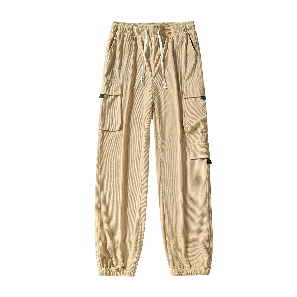 Corduroy Cargo Jogger Pants for Men, Khaki Elastic Waist Drawstring Side Hand Pockets Multi Cargo Pockets, Relaxed Fit Tapered Ankle Cuffs Casual Streetwear Fall Daily Wear Trousers, Ultra-Soft Skin-Friendly Durable Wrinkle-Resistant 100% Polyester, Fabri