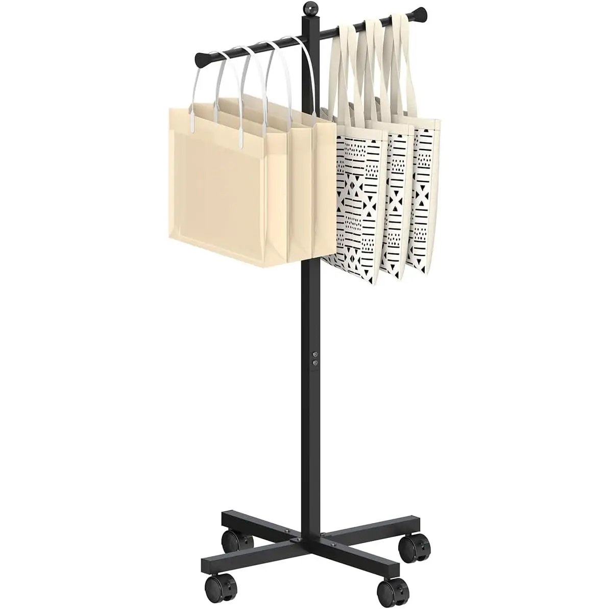 43-49 Inch Adjustable Shopping Bag Rack with Wheel, Heavy Duty Metal T-shaped Grocery Bag Holder for Retail Stores, Large Bag Display Stand for Malls,Vendor,Boutique,Trade Show, 2 Arms,Black