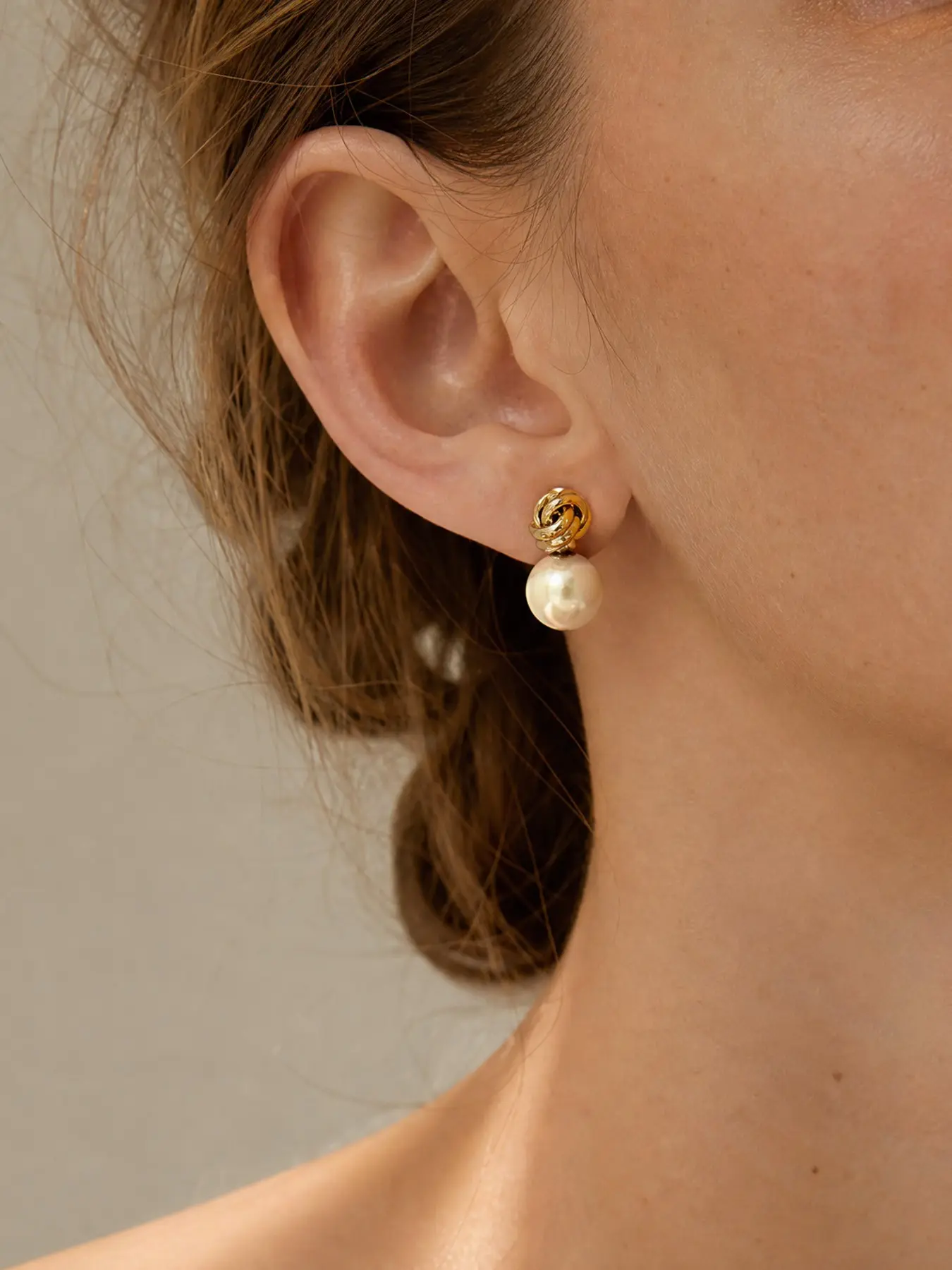 Minimal Retro Elegant Knot Front Back Pearl Stud Earrings Gold Tone Nickel Free H65 Brass Intertwined Rope Ball Dual Sided Cream Faux Pearl For Women Daily Office Birthday Gift For Her