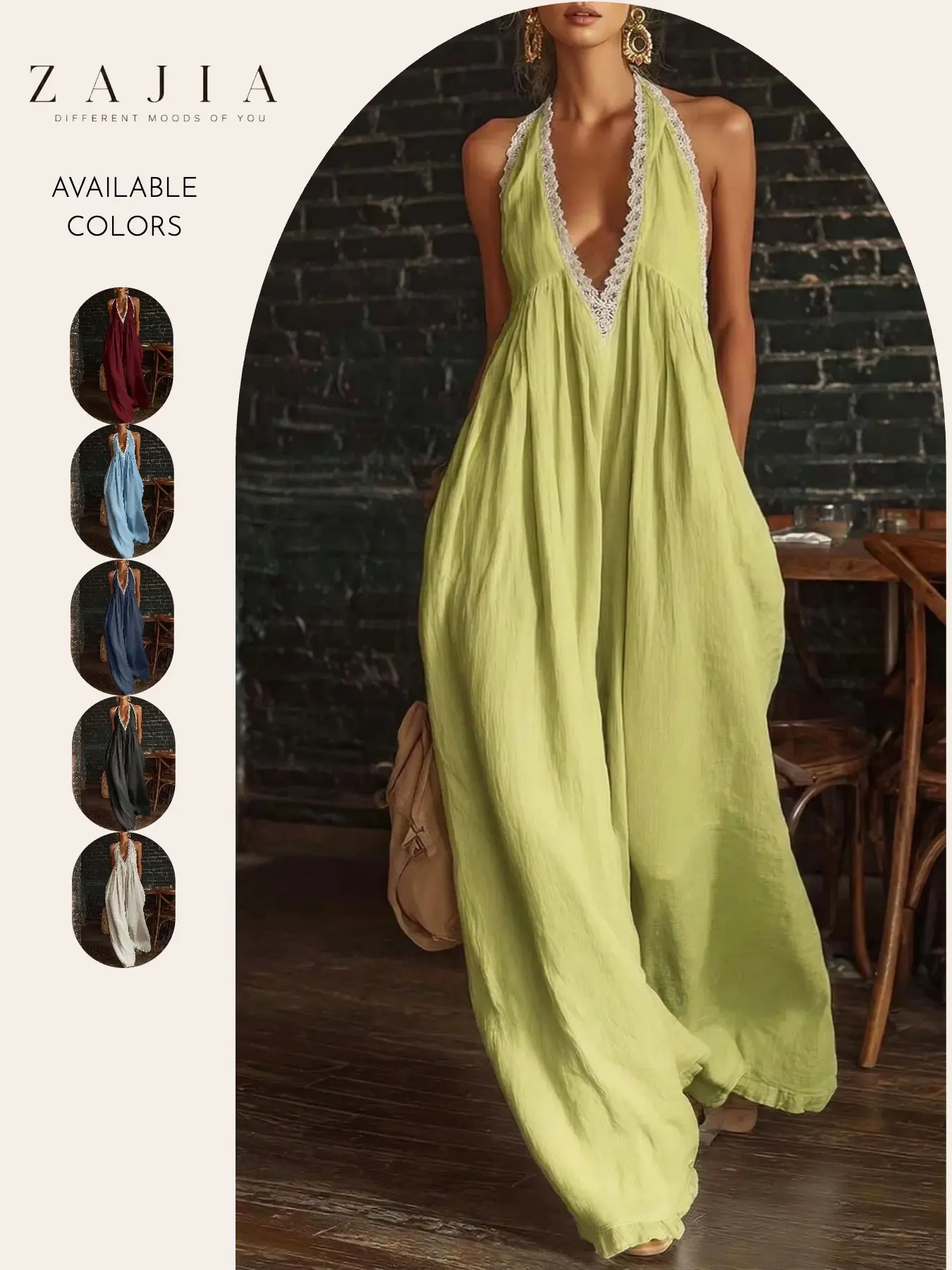 Women's Sleeveless Halter Jumpsuit, Deep V Neck Lace Trim, Wide Leg Romper, Casual Loose Fit, Flowy Beach Vacation Resort Wear, Summer Travel Clothes, Elegance
