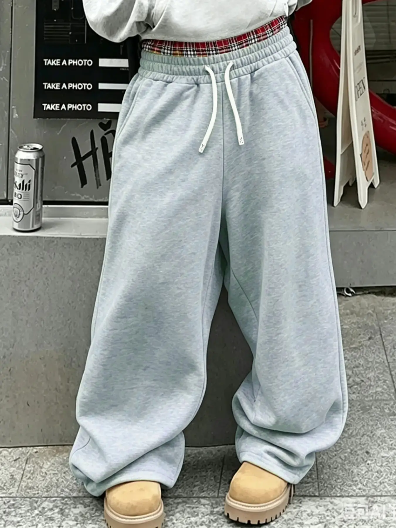 Plaid Patchwork Waist Wide Leg Pants, Lazy Style Drop Shoulder Sportswear, Retro Streetwear Fake Two-Piece Sweatpants, Unisex Couple, Knitted Sweatpants, Baggy Sweatpants