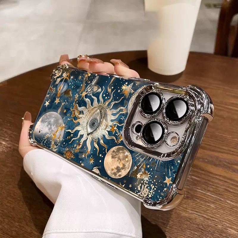Celestial Sun and Moon themed Pattern Four Comers Air Cushion Anti-drop phone case Suitable for iPhone 16 15 14 13 12 11 Pro Max Plus electroplated Shockproof case Screen Protector Protection Protective Cover Smartphone Casing