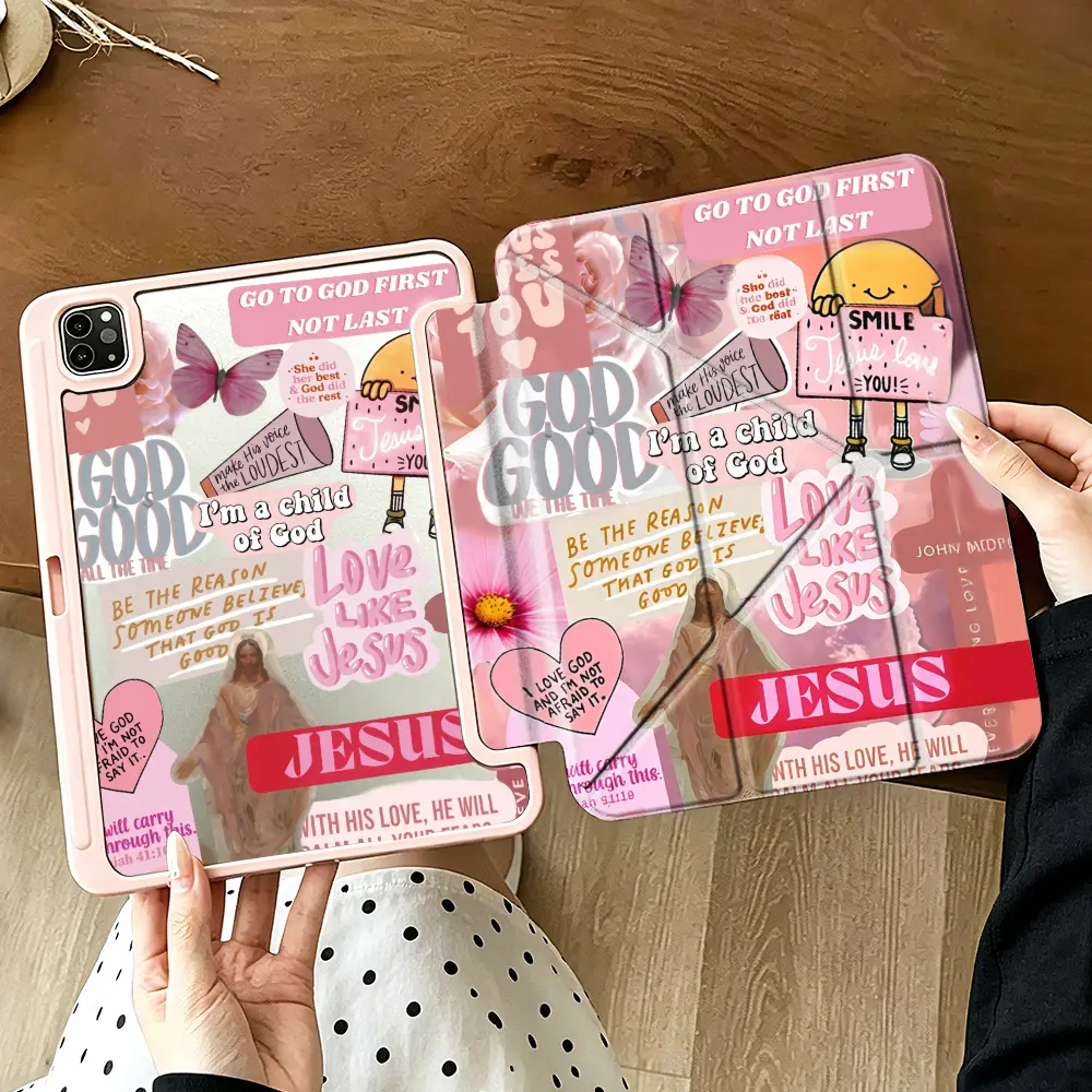 Yshaped Pink Spiritual Religious Tablet Protective Case，Elegant Inspirational Collage Style，Compatible With Apple ipad 10th generation/IPAD Pro 13 2024/pro 12.9 2022/pro 11 2022/IPAD Air1/2/3/4/5/6th，With Pencil holder，Perfect Meaningful Gift Idea