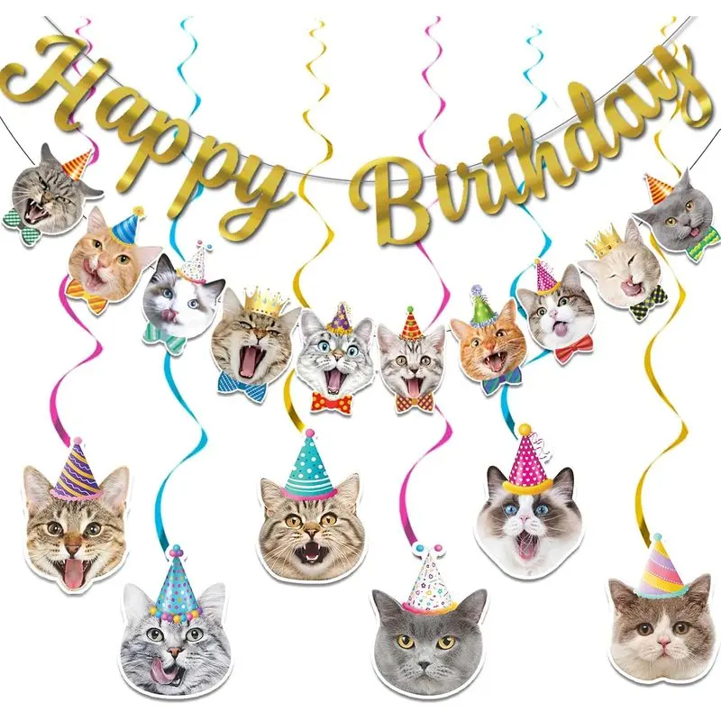 Cat Theme Birthday Party Decorations,Cat Birthday Decoration Happy Birthdays Banners Cats Hanging Cutouts Hanging Swirl Decor