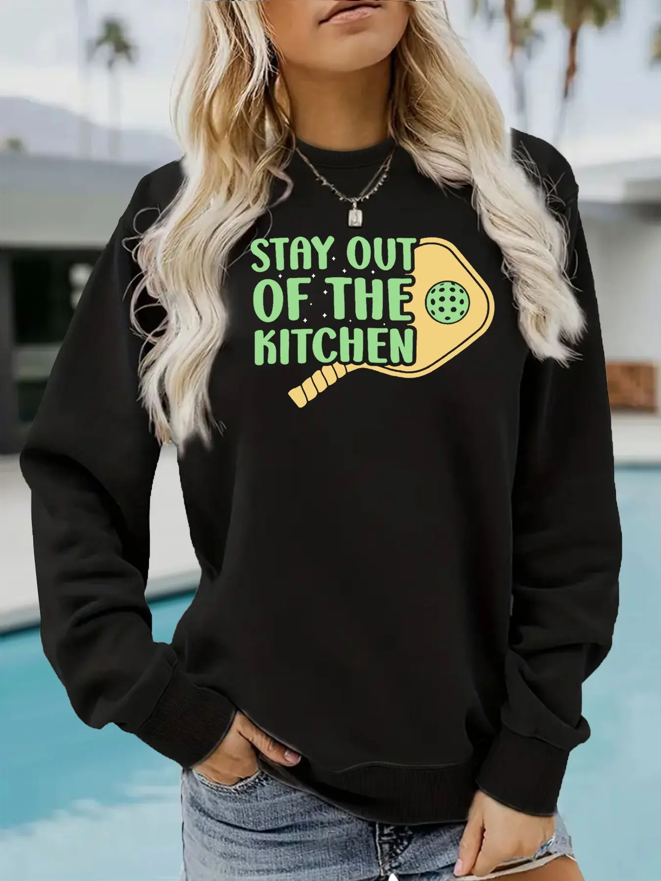 Women's Pickleball Lover Graphic Crew Neck Fleece Sweatshirt, Casual Long Sleeve Top, Fall & Winter Comfort