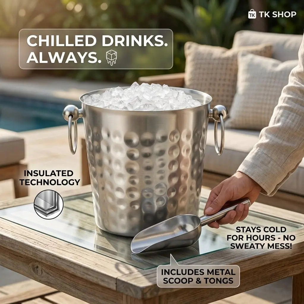 Garvee 3L Double-Wall Insulated Stainless Steel Ice Bucket with Lid & Scoop - Hammered Finish, Dual Handles, Non-Sweat Leak-Resistant Wine & Champagne Chiller for Bar/Parties/Kitchen
