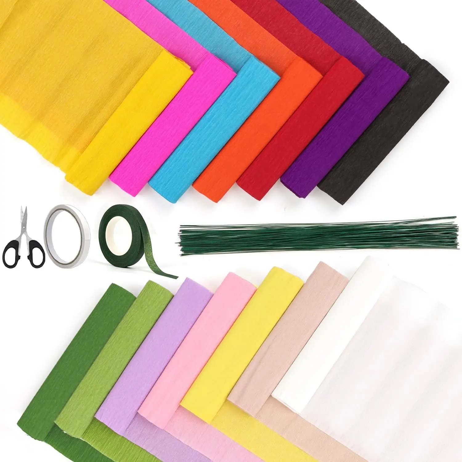 14 Colors Crepe Paper Rolls, 9.8 x 98 Inch Wide Crepe Paper Sheets with 100 count Green Floral Iron Wire, Floral Band, Double-Sided Tape, and  for Birthday Parties Weddings Festival Decoration