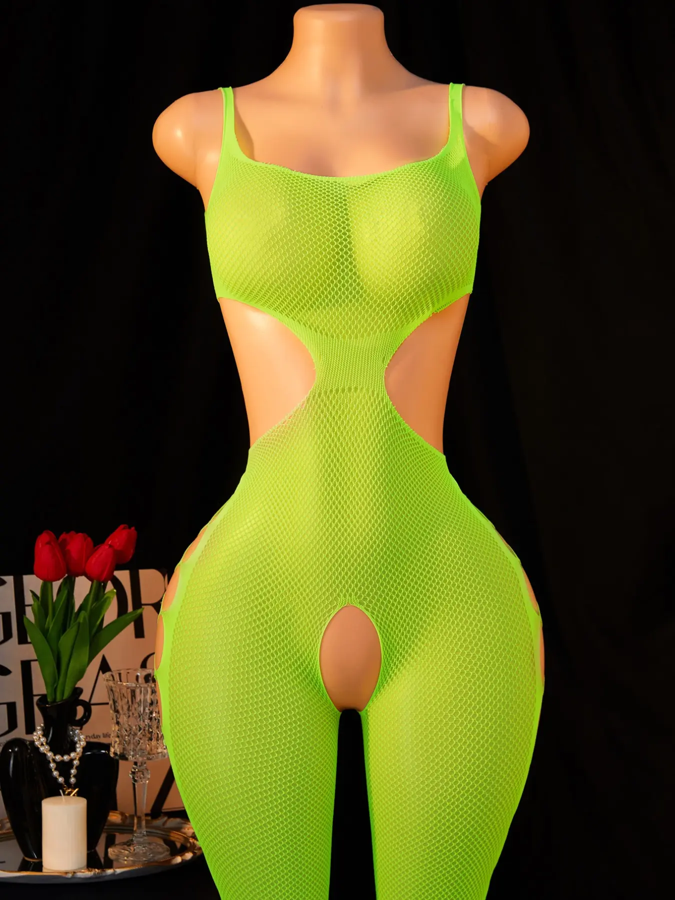 Sensual Neon Green Spaghetti Strap Fishnet Bodysuit Women Hollow Cutout Waist Crotchless Sheer Mesh One Piece Rave Club Bodystocking
