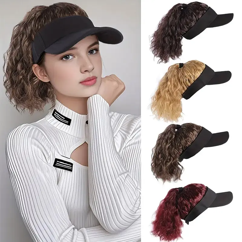 Women's Visor-Shape Baseball Hat with Synthetic Curly Waves Hair Extension - Korean-Style Hairpiece for Female Outdoor Events Styling
