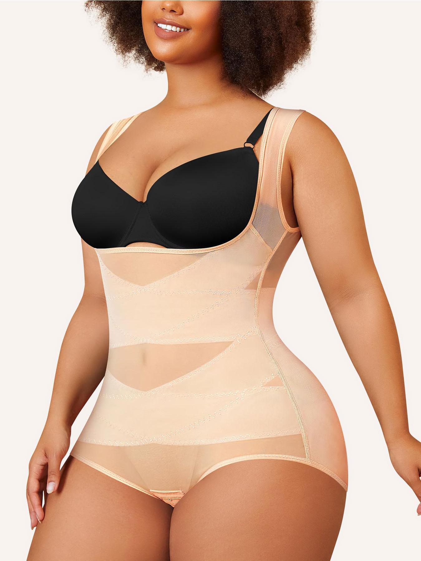 【Plus Size】 Solid Color Open Bust Hook & Eye Closure Crotch High Waisted Shapewear Bodysuit, Breathable Comfortable Shaper, Tummy Control Butt Lifter, Ladies Shapewear for All Seasons