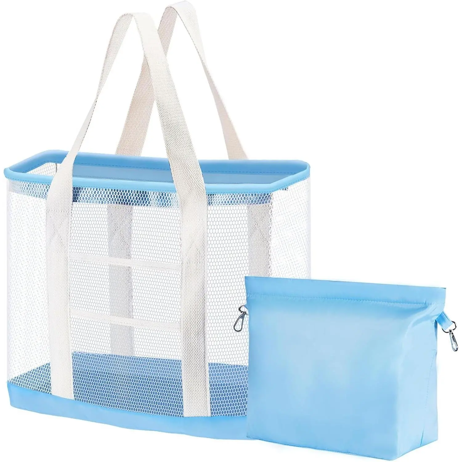 Extra Large Mesh Beach Tote Bag for Women with Zipper Sandproof Waterproof 9 Pockets Foldable Storage Pouch & Pockets Beach Bag for Pool Travel Shopping Vacation Family (Blue)