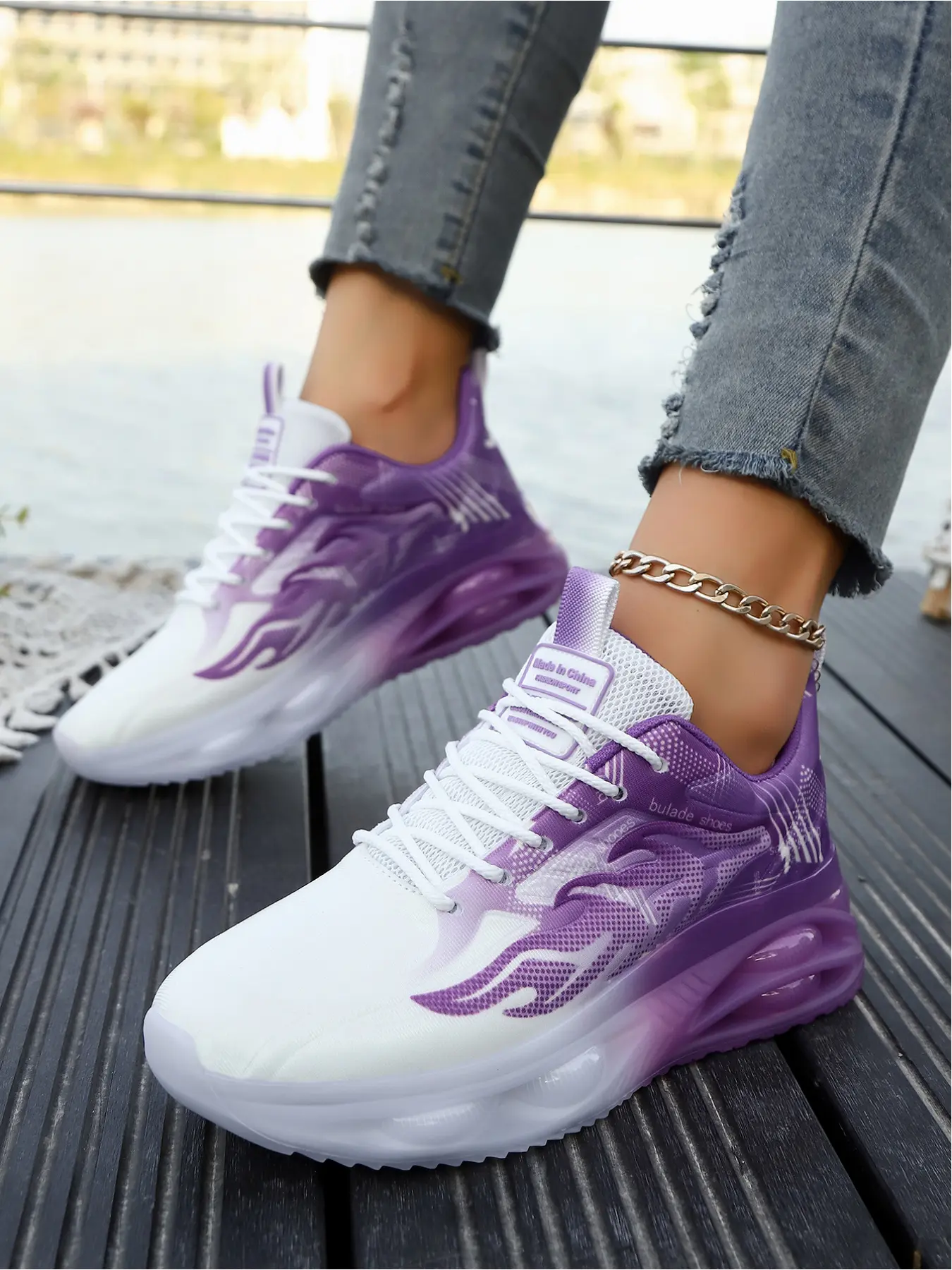 Women's Flame Print Gradient Jelly Soft Sole Non-Slip Cushioned Sports Casual Shoes, Workout Sneaker, Fashion Sneaker, Ideal for Outdoor Sports & Daily Wear