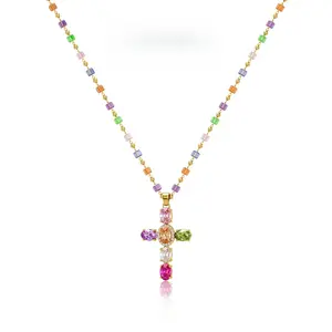 14K Gold-Plated Gold Spacer Beads / Multicolor Cubic Zirconia Cross Pendant Necklace, Jewelry Necklace, Fashion Accessory Gift, Women's Everyday Casual Match Item silver synthetic moissanite pendant necklace