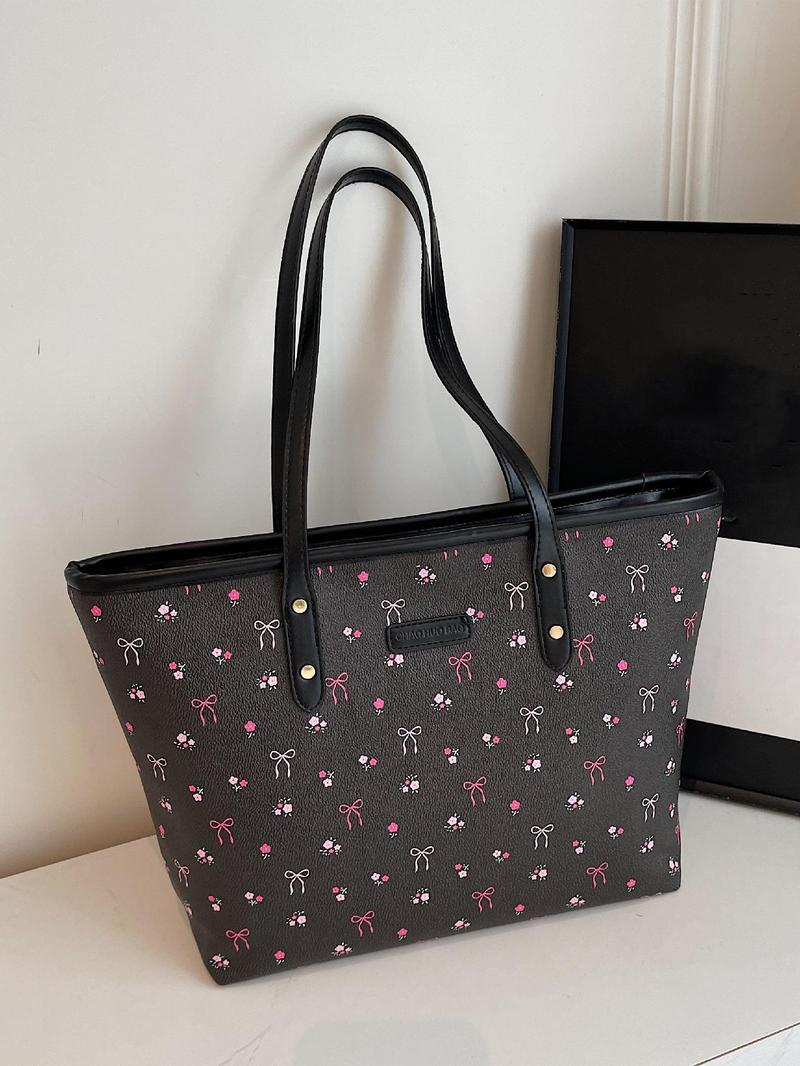 Fashionable Bowknot & Cherry Pattern Tote Bag, Casual Versatile Shoulder Bag for Women, Trendy All-match Bag for Daily Use, Shoulder Totes